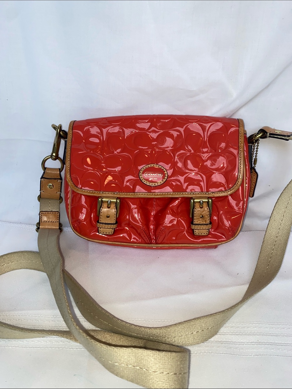 Coach Peyton Patent Crossbody Bag in Glossy Orange with Tan Trim